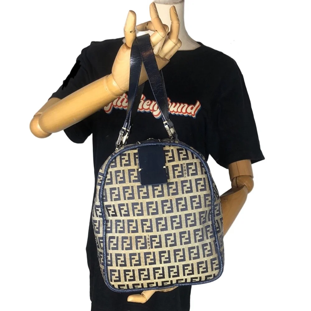 FENDI Zucca Navy Blue Leather and Tan Canvas Boston Duffle Bag Speedy 30